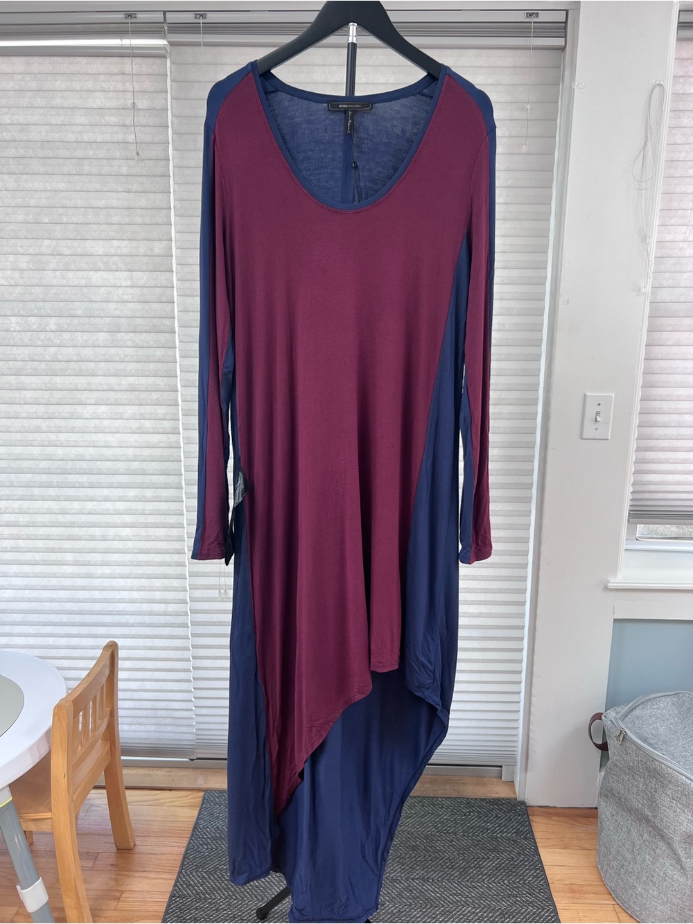 BCBGMaxAzria Burgundy and Navy Asymmetric Long Sleeve Maxi Dress